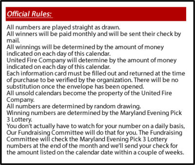 United Fire Company 2020 Lottery Calendar Rules