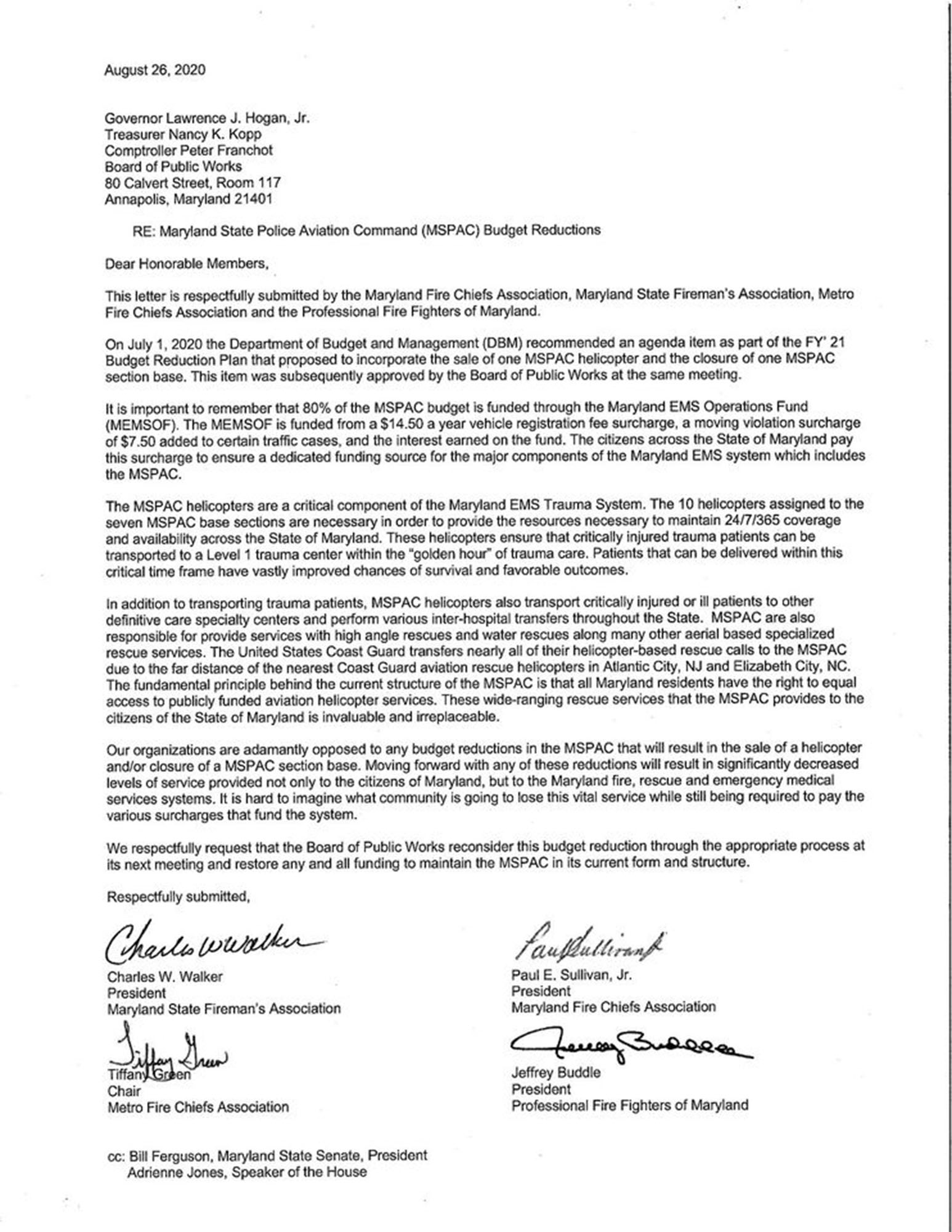 Joint Letter from the Maryland Fire Service to Governor Hogan regarding BOPW Budget Cuts